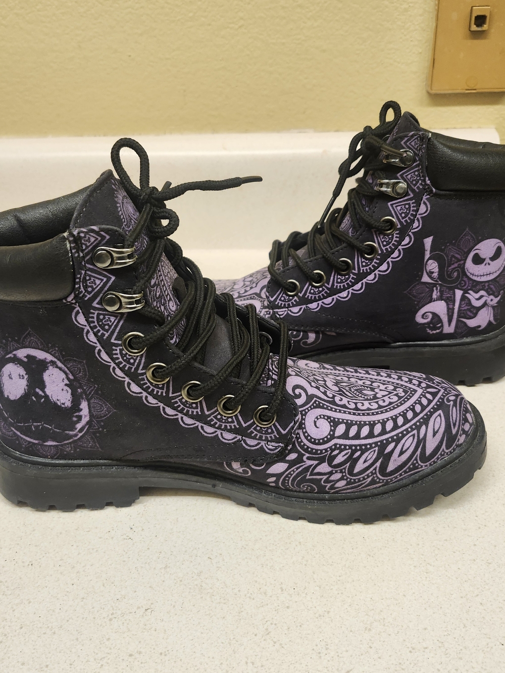 Jack Skellington Paisley Combat Boots in Black & Purple